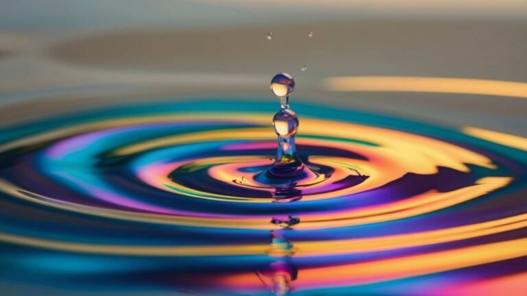 The photo shows a raindrop falling into water. The water is iridescent, with a rainbow colouring