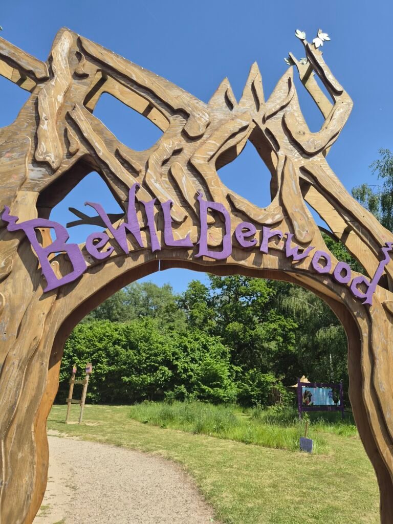 The photo shows an entrance to BeWILDerwood, it is a brown wooden arch with Bewilderwood written in purple letters